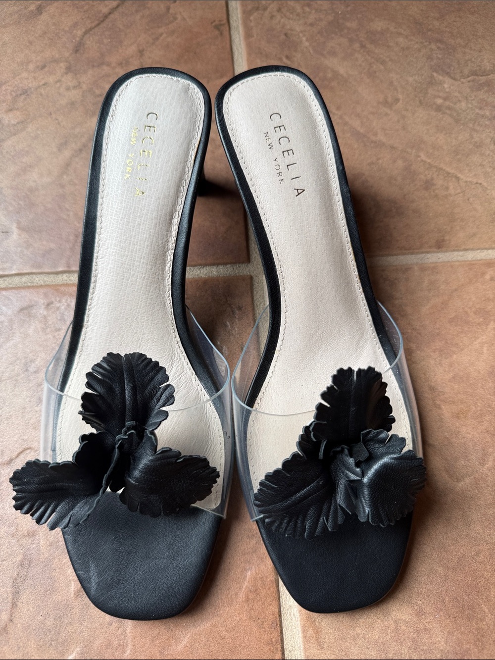 CECELIA NEW YORK Black Floral Clear Strap Slide Mules